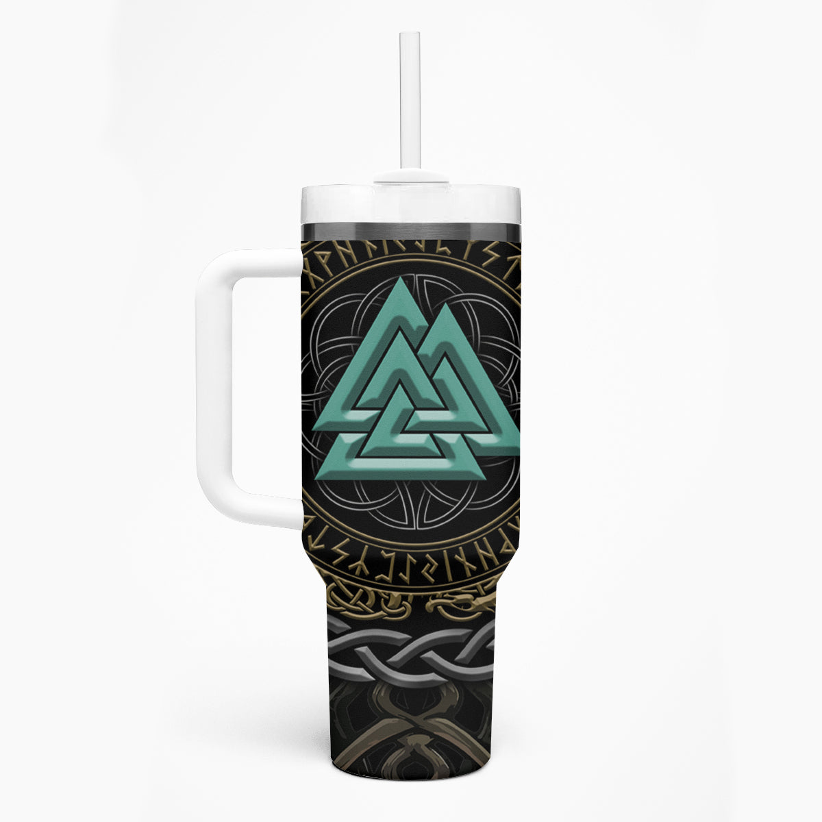 Viking Tumbler With Handle Cyan Valknut and Yggdrasil - Wonder Print Shop