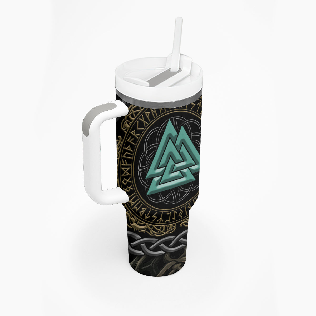 Viking Tumbler With Handle Cyan Valknut and Yggdrasil - Wonder Print Shop