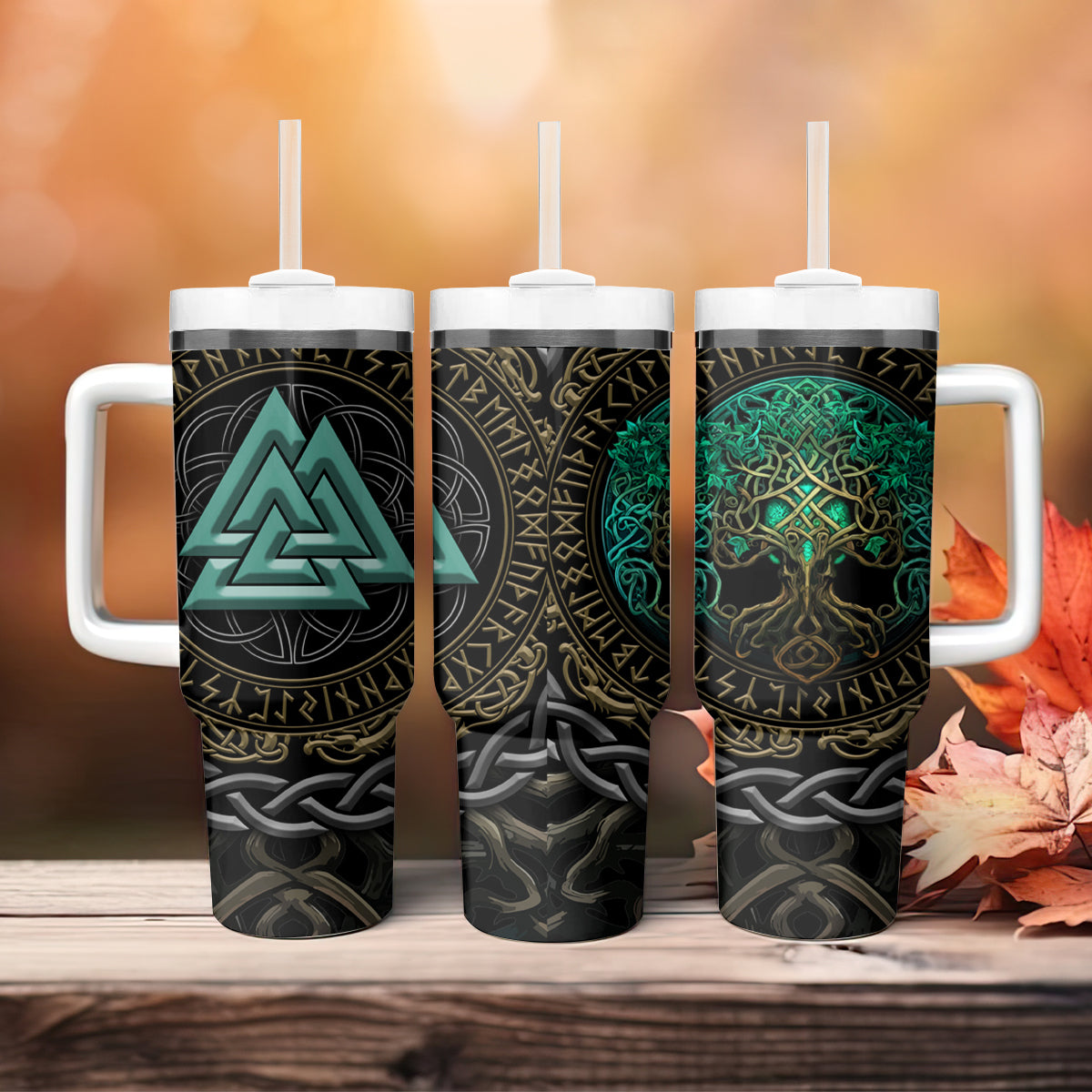 Viking Tumbler With Handle Cyan Valknut and Yggdrasil - Wonder Print Shop