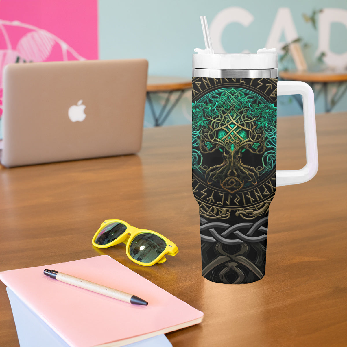 Viking Tumbler With Handle Cyan Valknut and Yggdrasil - Wonder Print Shop