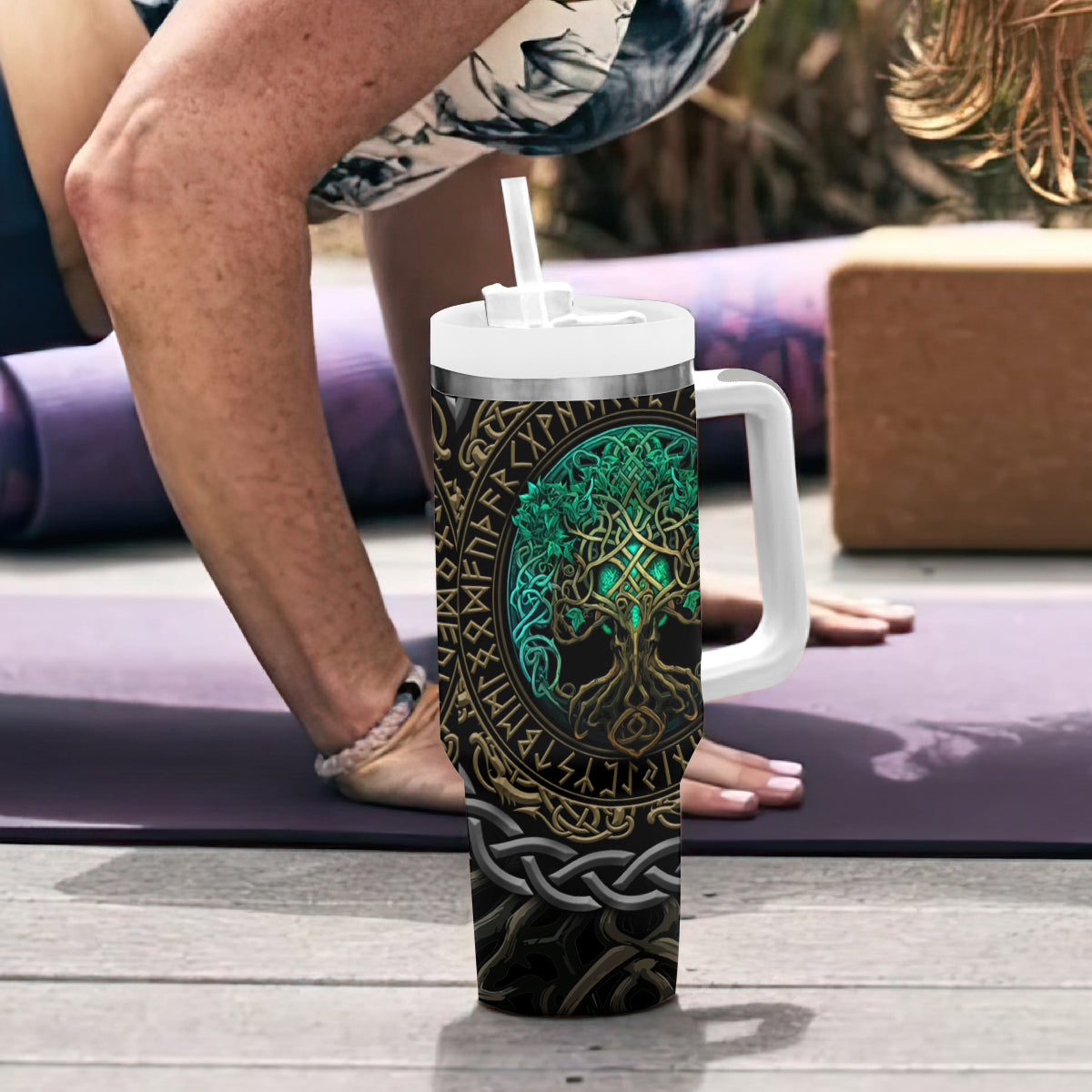 Viking Tumbler With Handle Cyan Valknut and Yggdrasil - Wonder Print Shop
