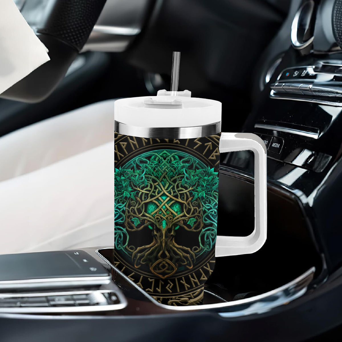 Viking Tumbler With Handle Cyan Valknut and Yggdrasil - Wonder Print Shop