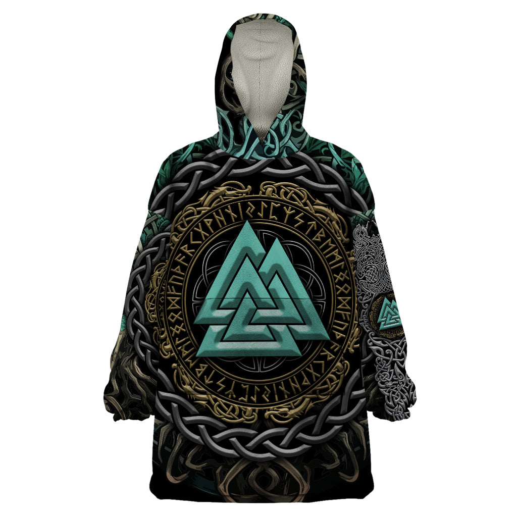 Viking Wearable Blanket Hoodie Cyan Valknut and Yggdrasil - Wonder Print Shop