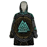 Viking Wearable Blanket Hoodie Cyan Valknut and Yggdrasil - Wonder Print Shop