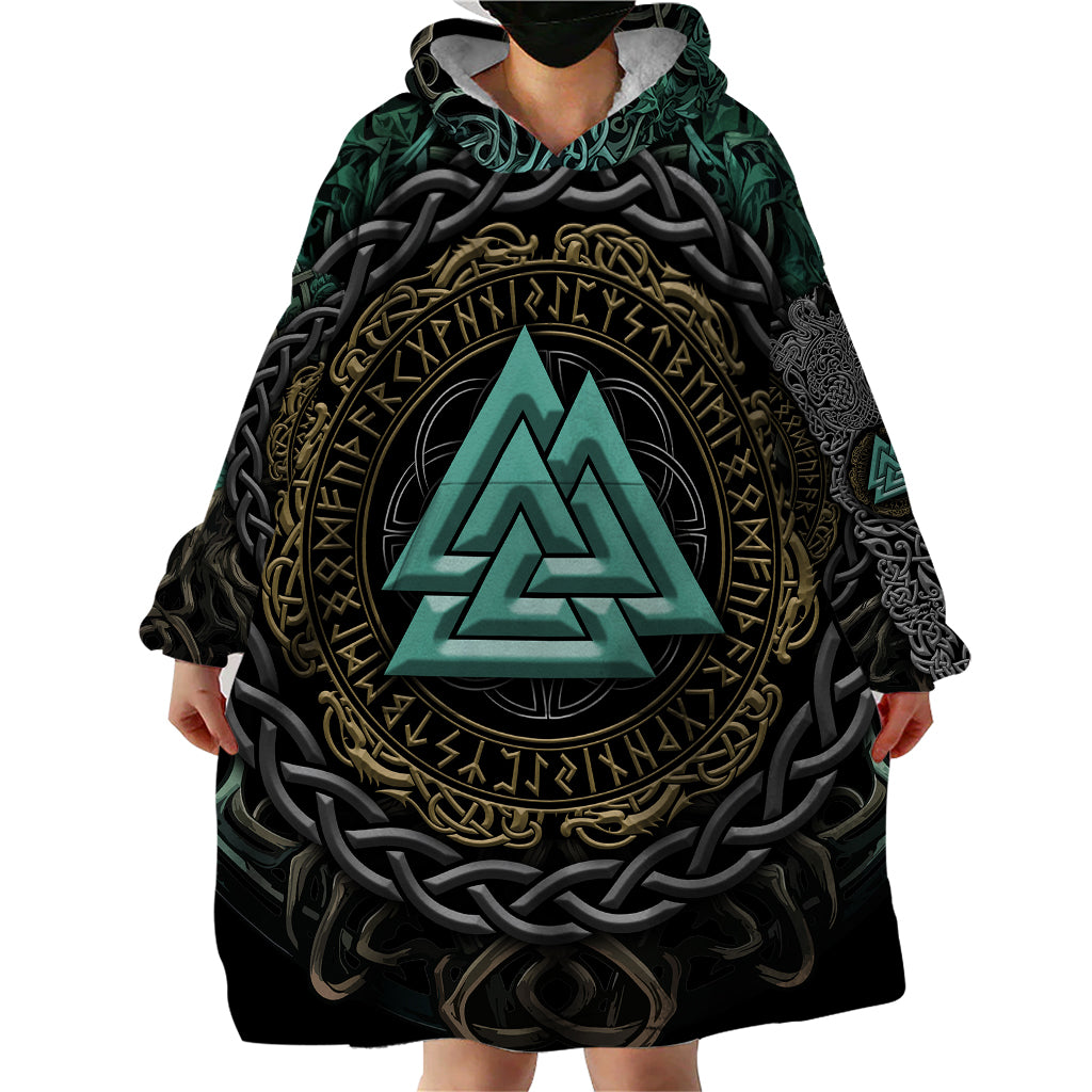 Viking Wearable Blanket Hoodie Cyan Valknut and Yggdrasil - Wonder Print Shop