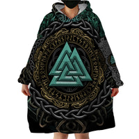 Viking Wearable Blanket Hoodie Cyan Valknut and Yggdrasil - Wonder Print Shop