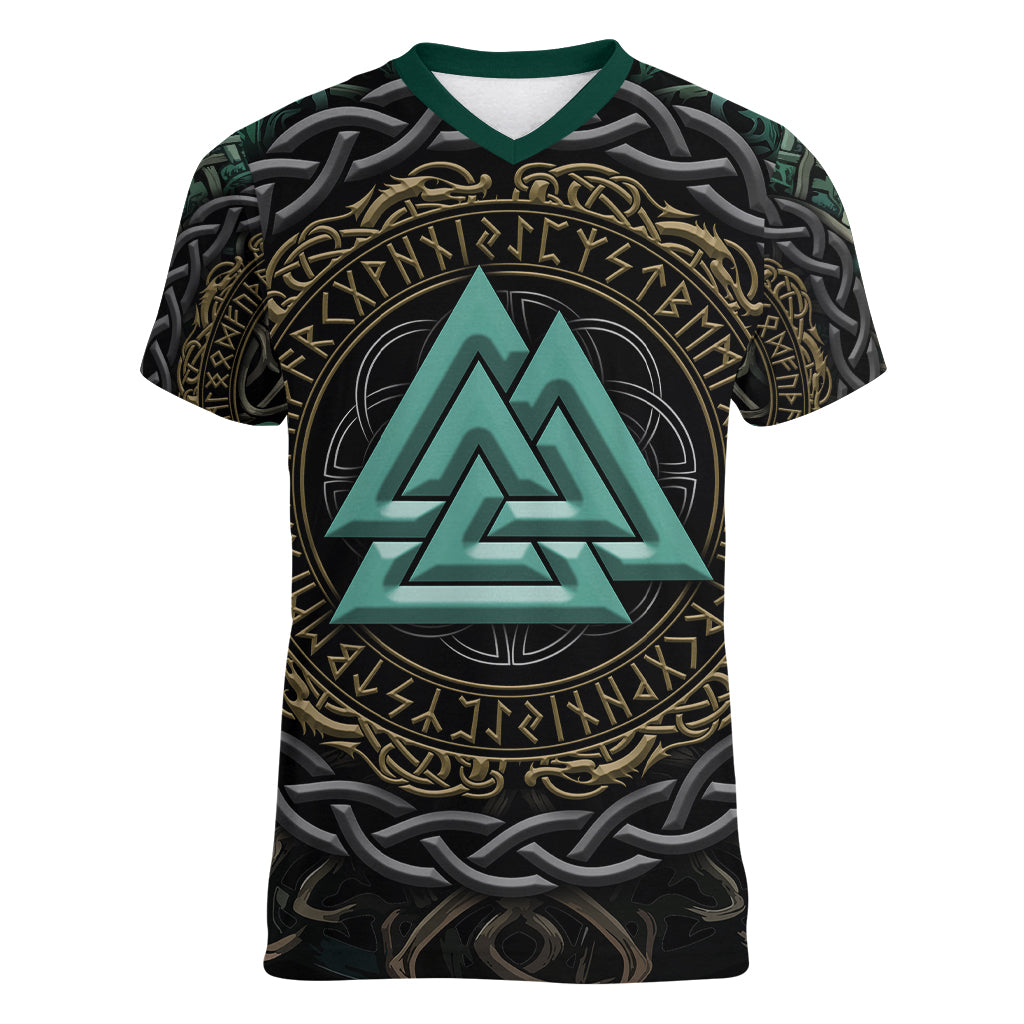 Viking Women V Neck T Shirt Cyan Valknut and Yggdrasil - Wonder Print Shop
