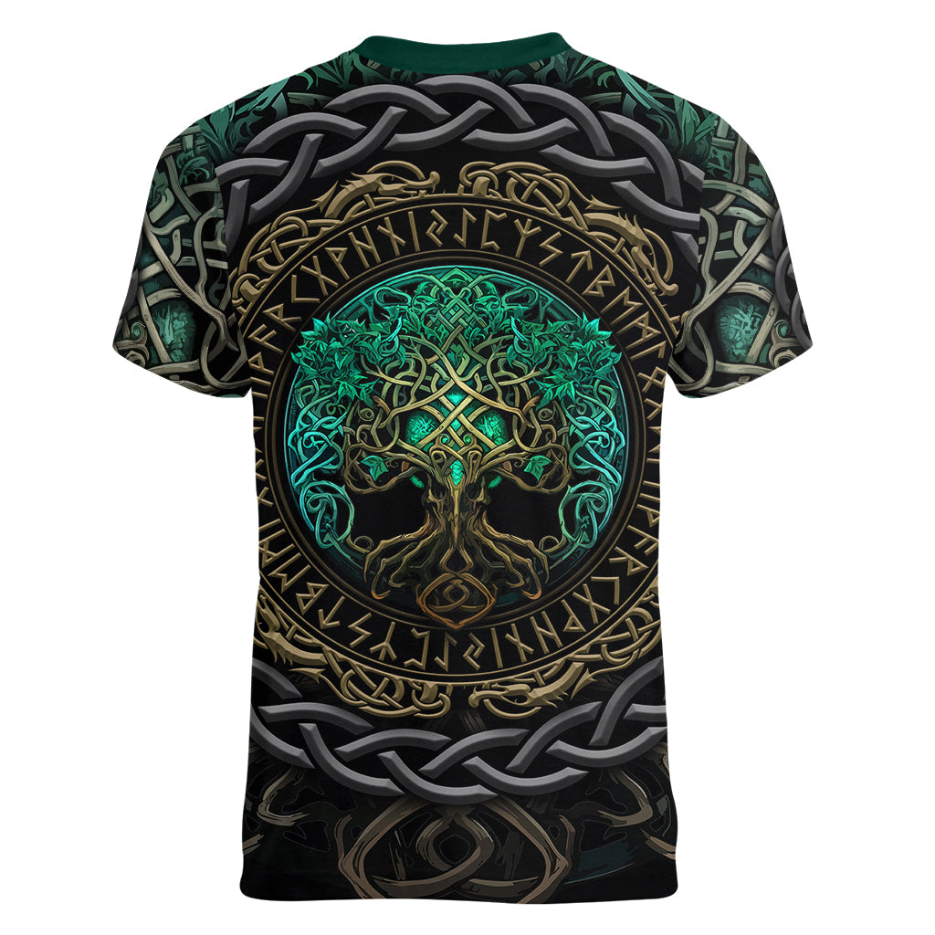 Viking Women V Neck T Shirt Cyan Valknut and Yggdrasil - Wonder Print Shop