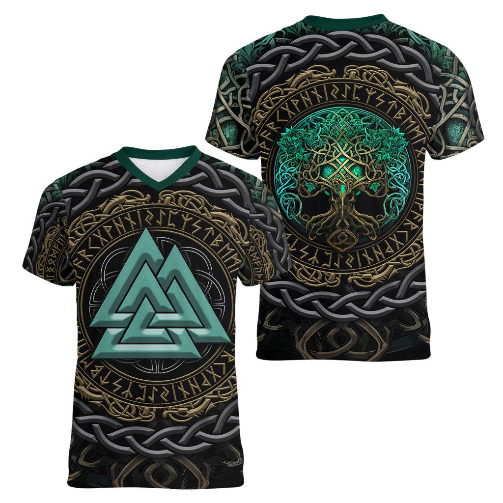 Viking Women V Neck T Shirt Cyan Valknut and Yggdrasil - Wonder Print Shop