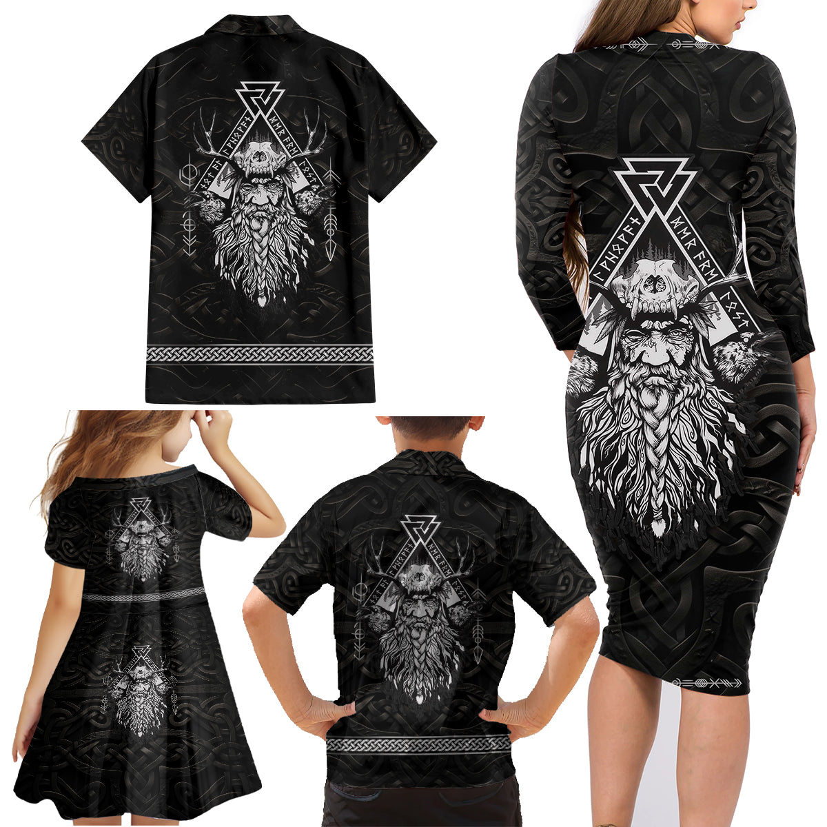Viking Family Matching Long Sleeve Bodycon Dress and Hawaiian Shirt Norse Enigma Odin's Vision - Wonder Print Shop