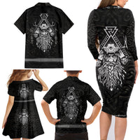 Viking Family Matching Long Sleeve Bodycon Dress and Hawaiian Shirt Norse Enigma Odin's Vision - Wonder Print Shop
