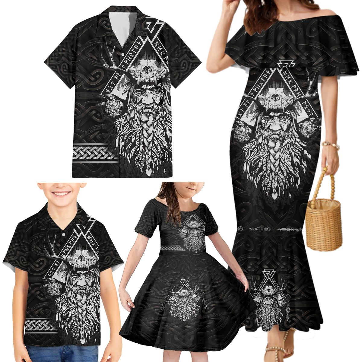Viking Family Matching Mermaid Dress and Hawaiian Shirt Norse Enigma Odin's Vision - Wonder Print Shop