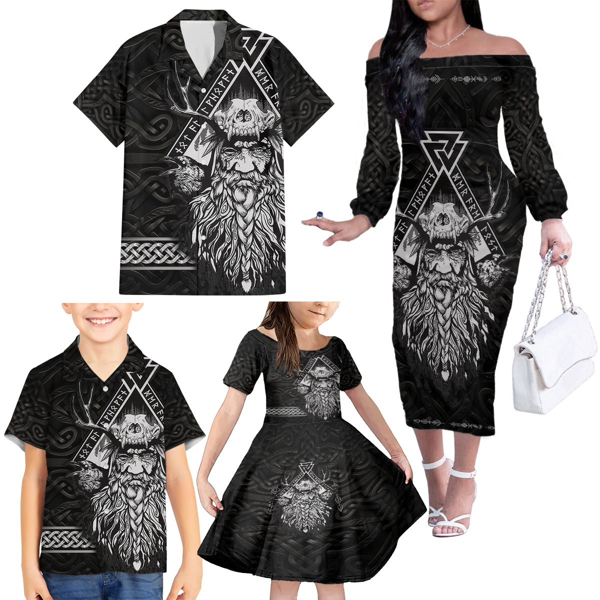 Viking Family Matching Off Shoulder Long Sleeve Dress and Hawaiian Shirt Norse Enigma Odin's Vision - Wonder Print Shop
