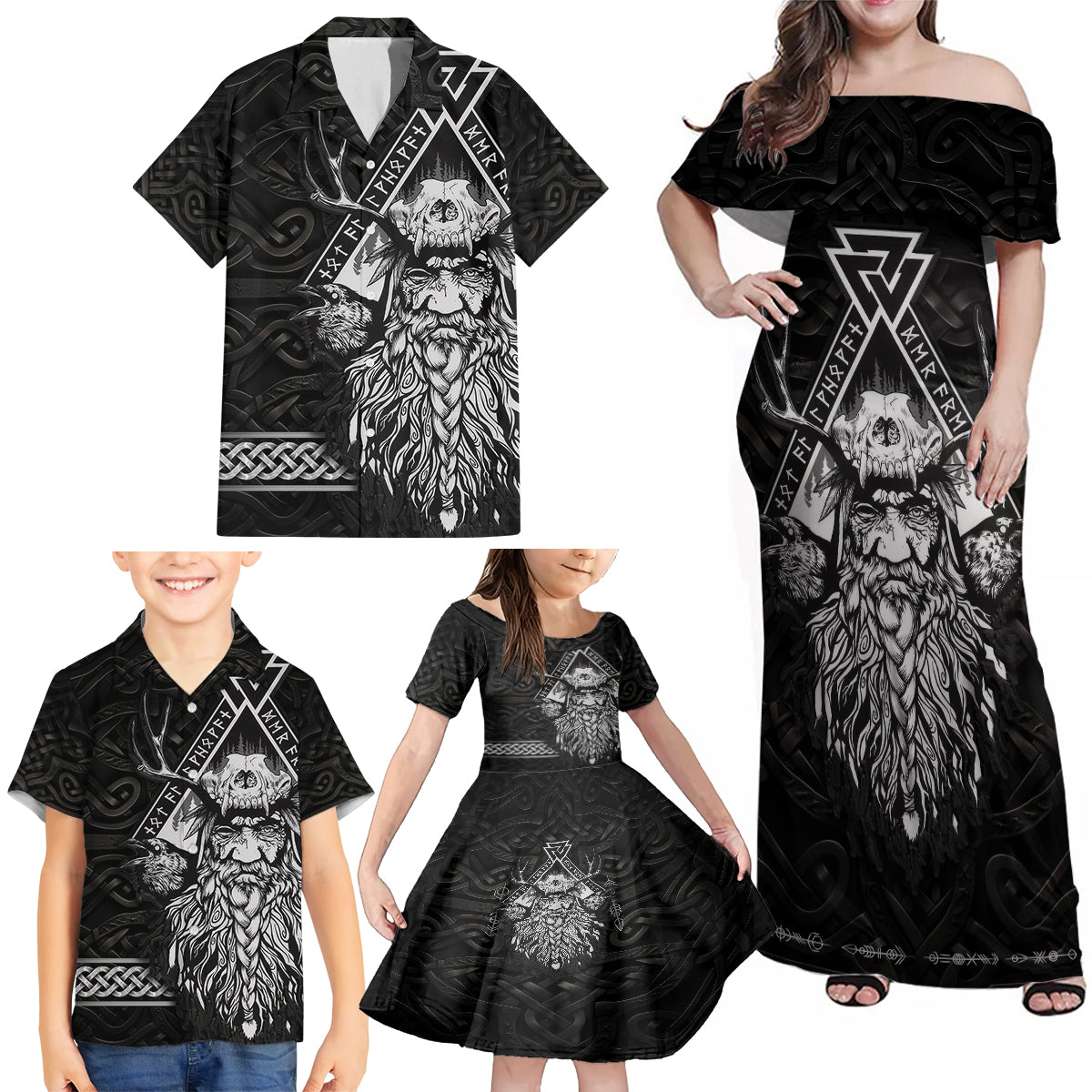 Viking Family Matching Off Shoulder Maxi Dress and Hawaiian Shirt Norse Enigma Odin's Vision - Wonder Print Shop