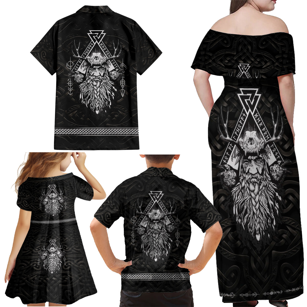 Viking Family Matching Off Shoulder Maxi Dress and Hawaiian Shirt Norse Enigma Odin's Vision - Wonder Print Shop