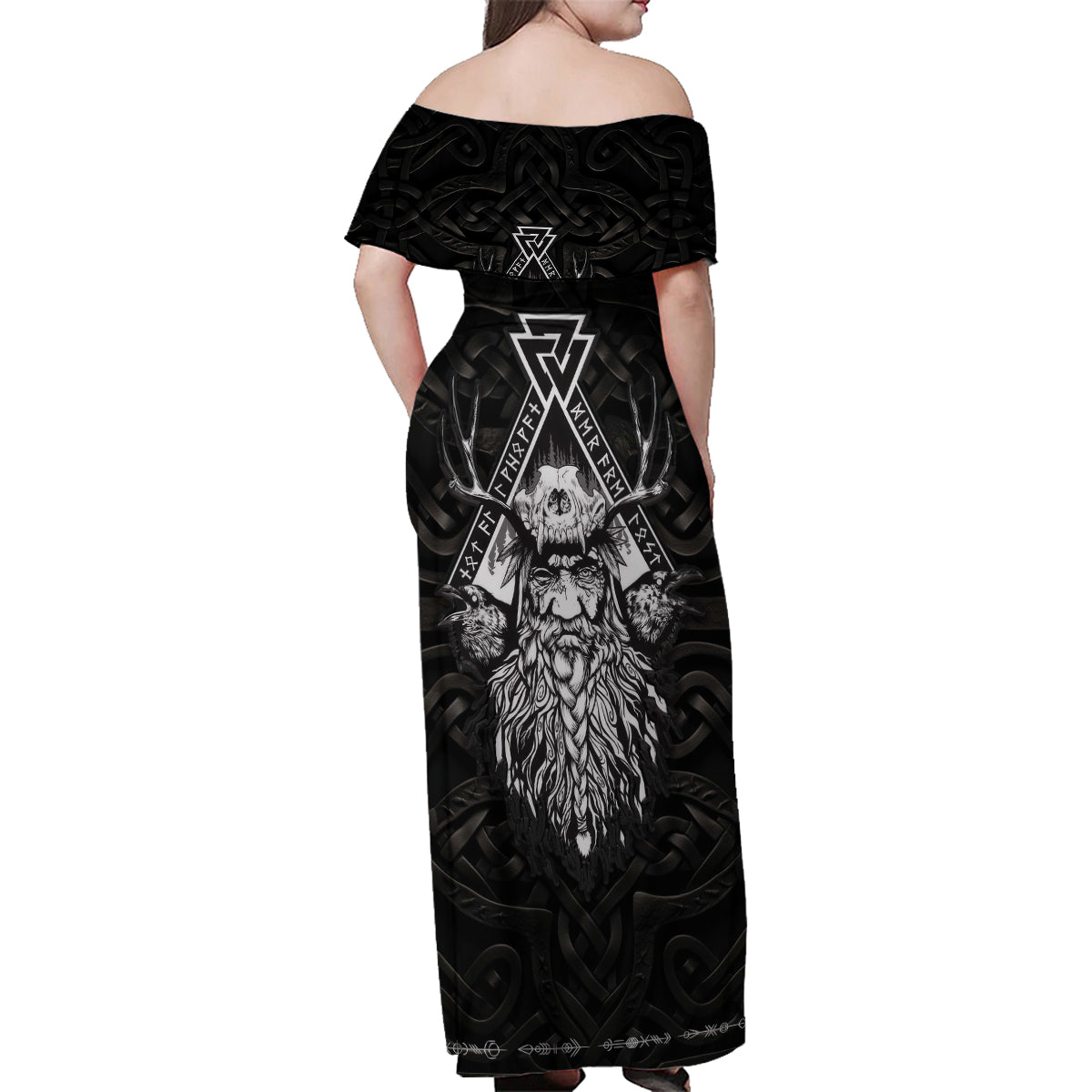 Viking Family Matching Off Shoulder Maxi Dress and Hawaiian Shirt Norse Enigma Odin's Vision - Wonder Print Shop