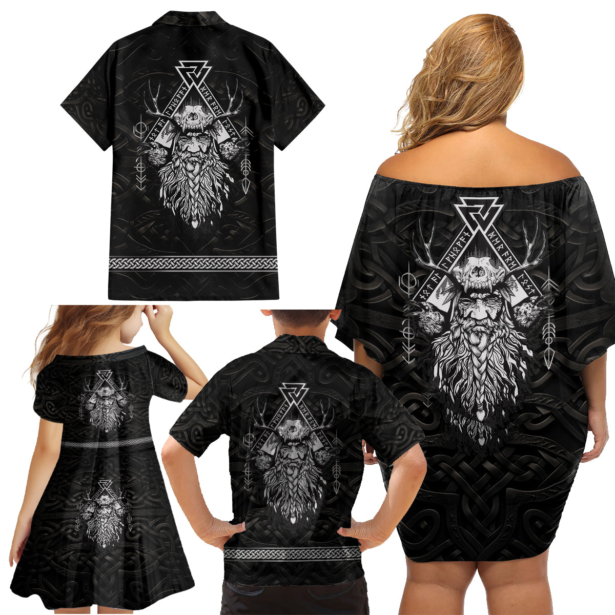 Viking Family Matching Off Shoulder Short Dress and Hawaiian Shirt Norse Enigma Odin's Vision - Wonder Print Shop