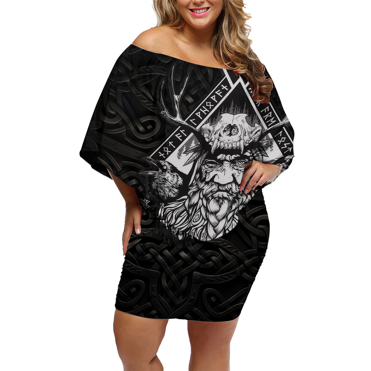 Viking Family Matching Off Shoulder Short Dress and Hawaiian Shirt Norse Enigma Odin's Vision - Wonder Print Shop