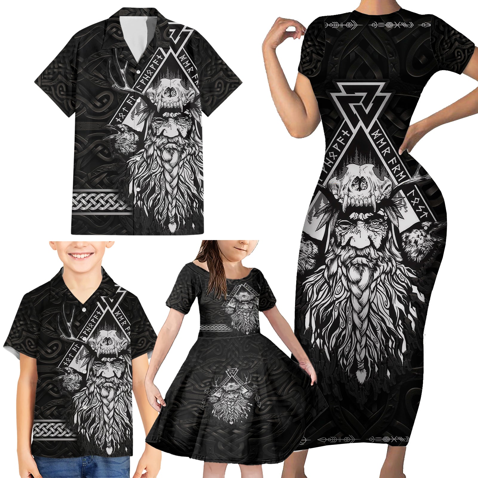 Viking Family Matching Short Sleeve Bodycon Dress and Hawaiian Shirt Norse Enigma Odin's Vision - Wonder Print Shop