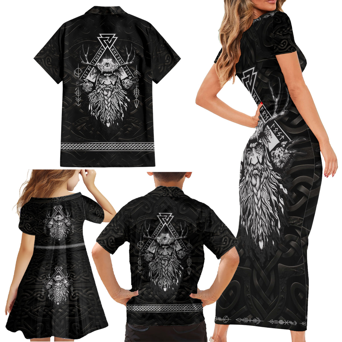 Viking Family Matching Short Sleeve Bodycon Dress and Hawaiian Shirt Norse Enigma Odin's Vision - Wonder Print Shop
