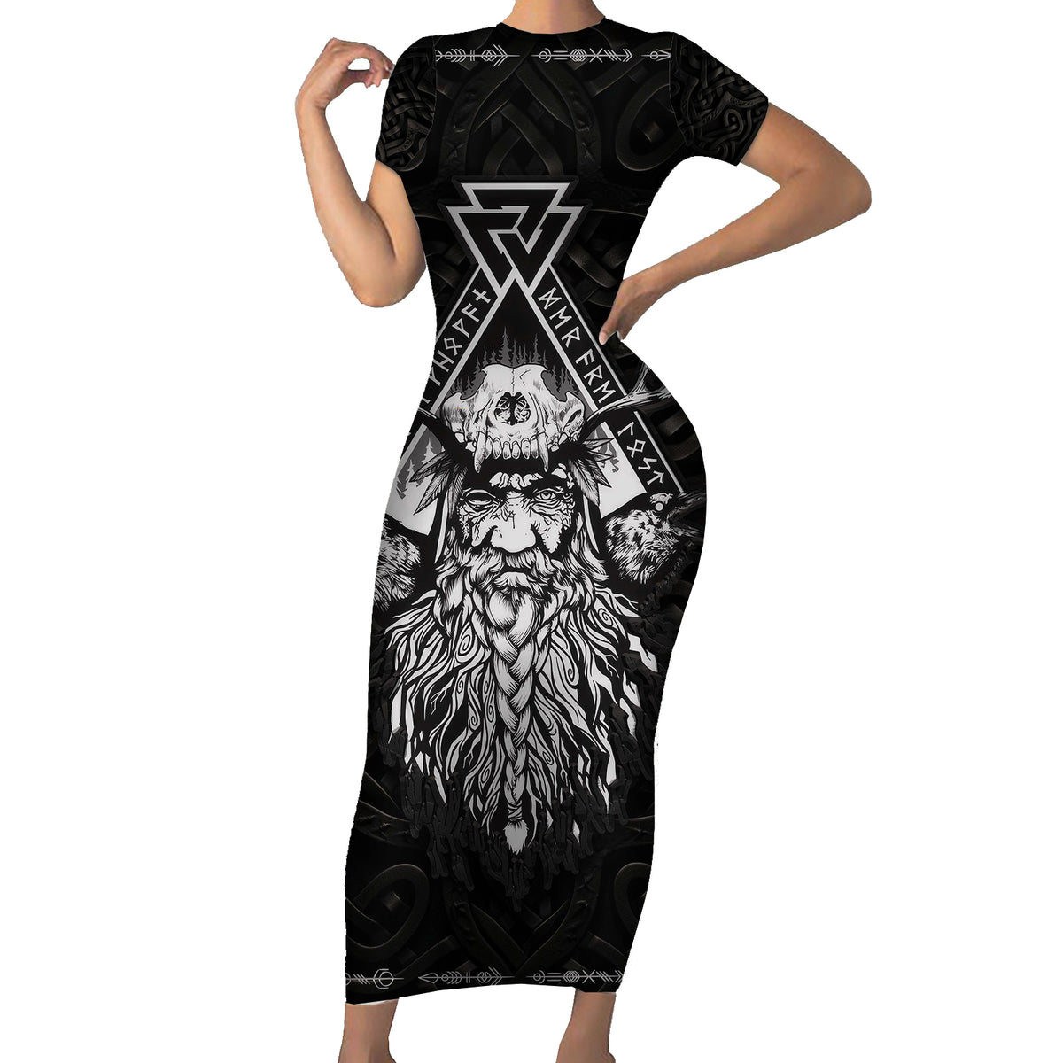 Viking Family Matching Short Sleeve Bodycon Dress and Hawaiian Shirt Norse Enigma Odin's Vision - Wonder Print Shop