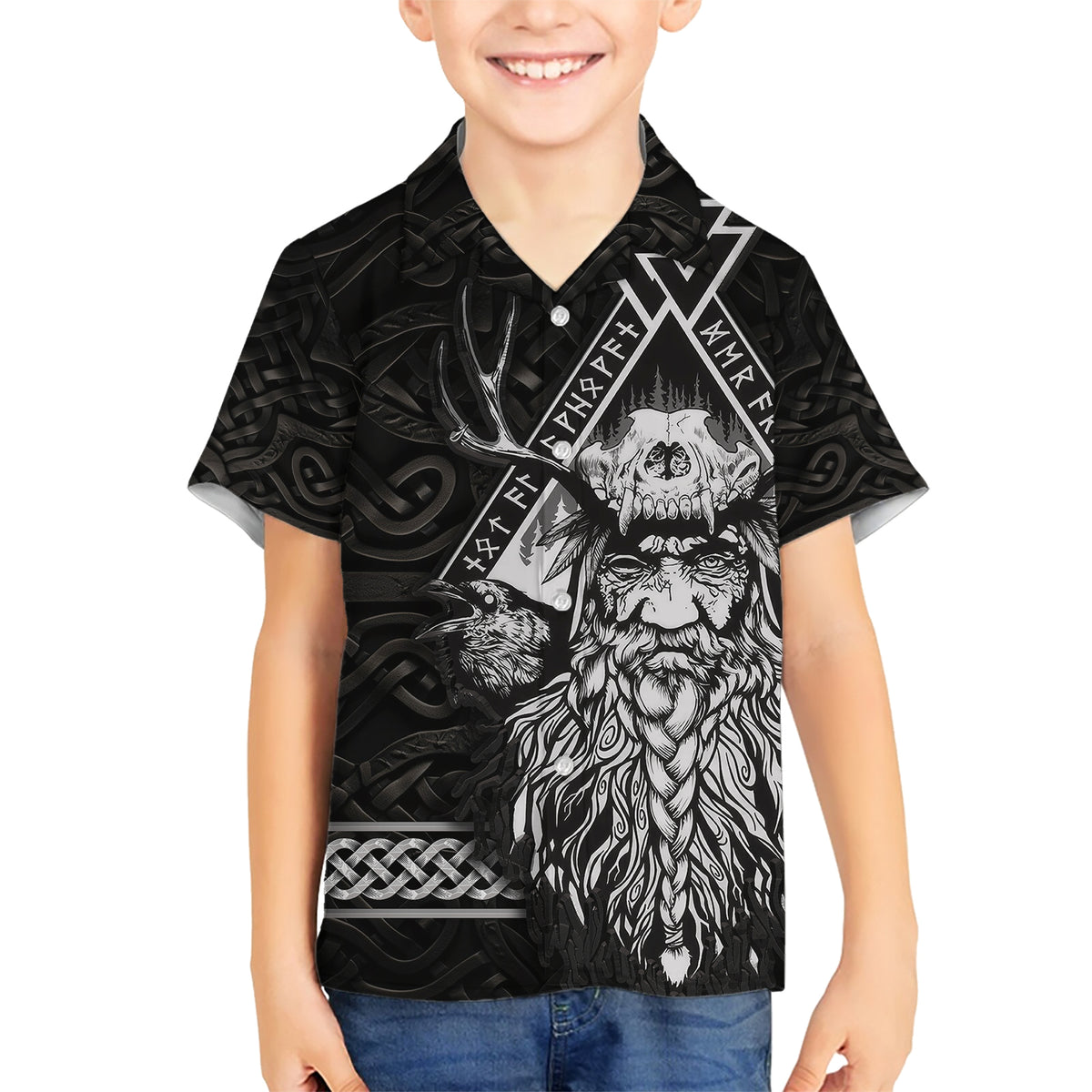Viking Family Matching Short Sleeve Bodycon Dress and Hawaiian Shirt Norse Enigma Odin's Vision - Wonder Print Shop