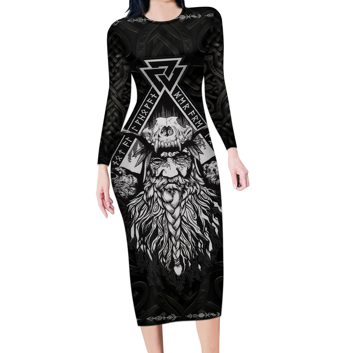Viking Long Sleeve Bodycon Dress Norse Enigma Odin's Vision - Wonder Print Shop