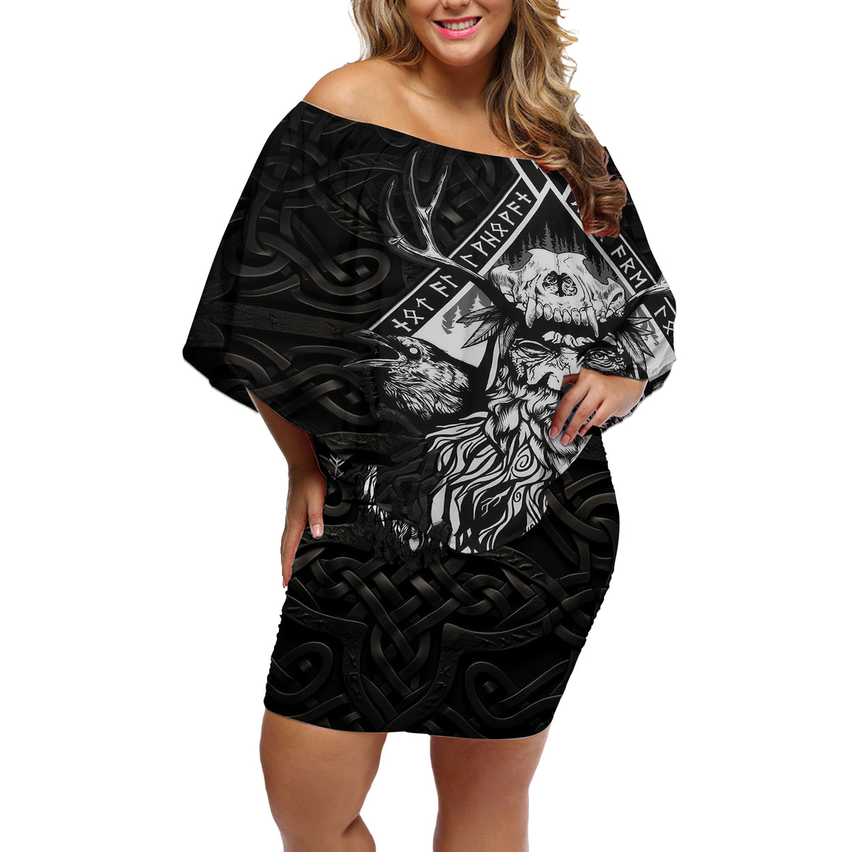 Viking Off Shoulder Short Dress Norse Enigma Odin's Vision - Wonder Print Shop