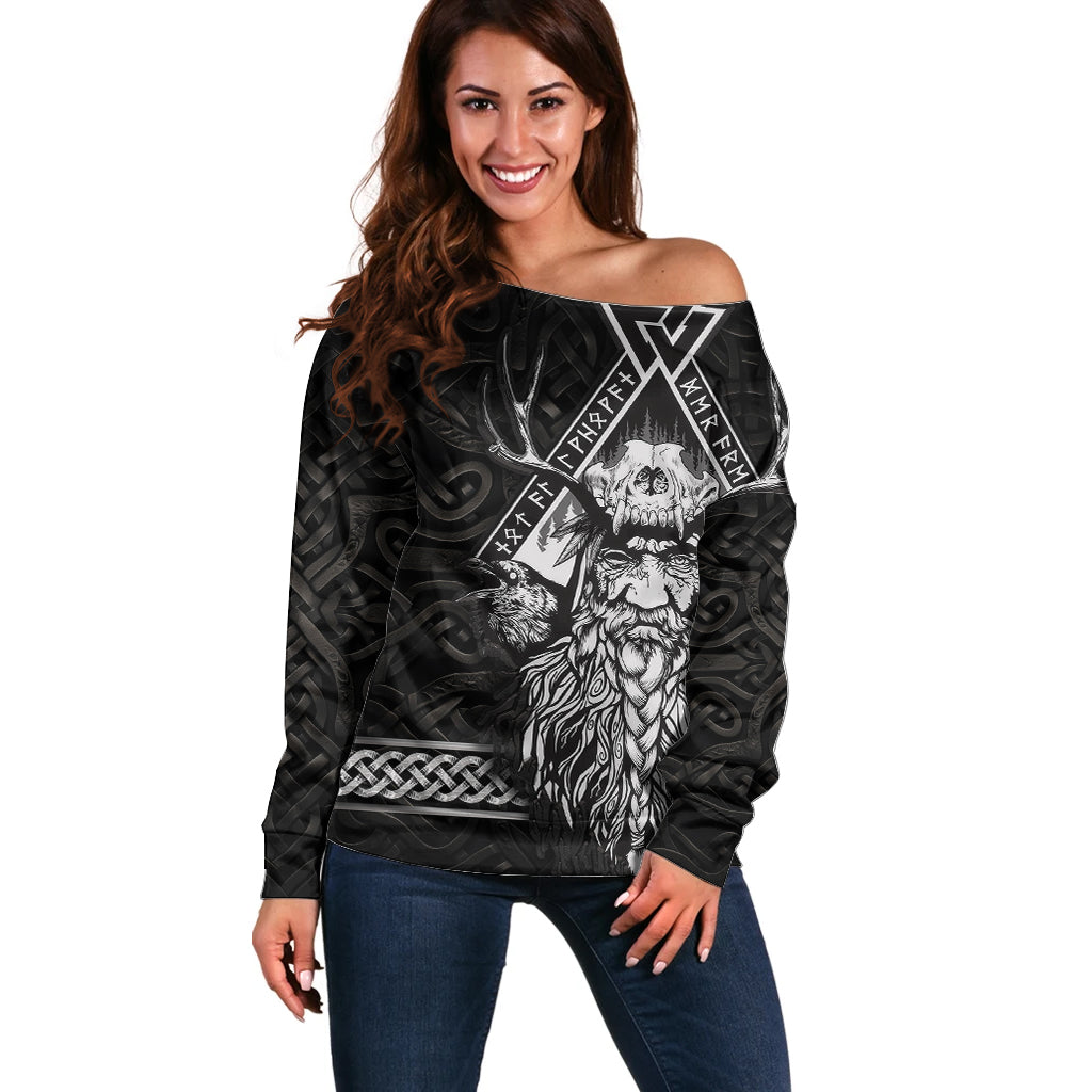 Viking Off Shoulder Sweater Norse Enigma Odin's Vision - Wonder Print Shop
