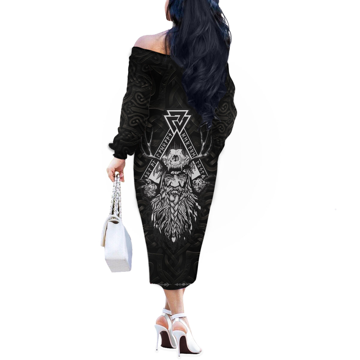 Viking Off The Shoulder Long Sleeve Dress Norse Enigma Odin's Vision - Wonder Print Shop