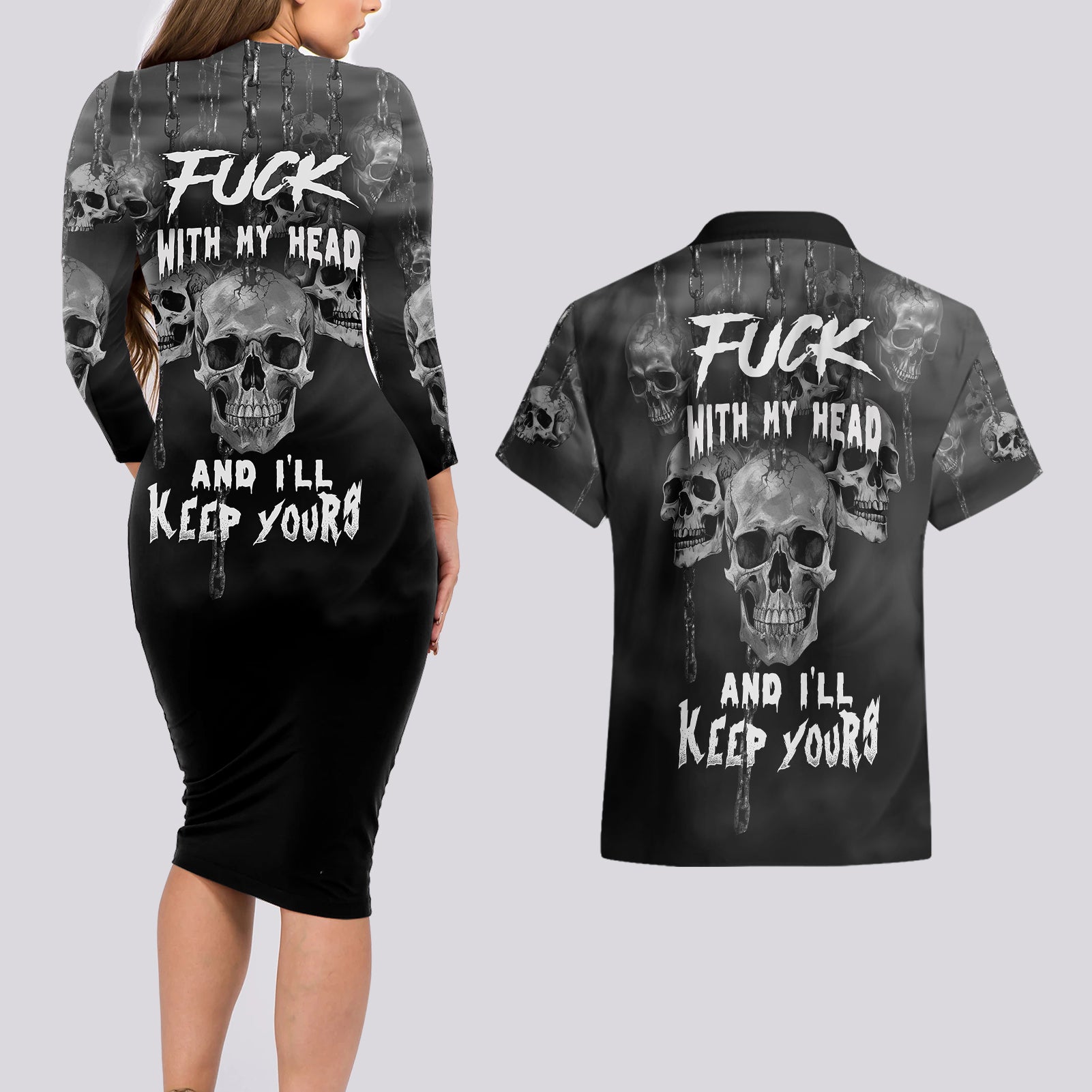 Skull Couples Matching Long Sleeve Bodycon Dress and Hawaiian Shirt I'll Keep You - Wonder Print Shop