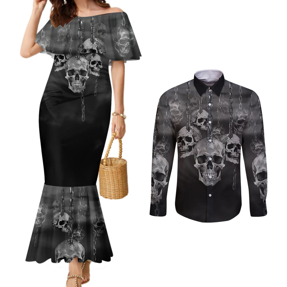 skull-couples-matching-mermaid-dress-and-long-sleeve-button-shirts-ill-keep-you