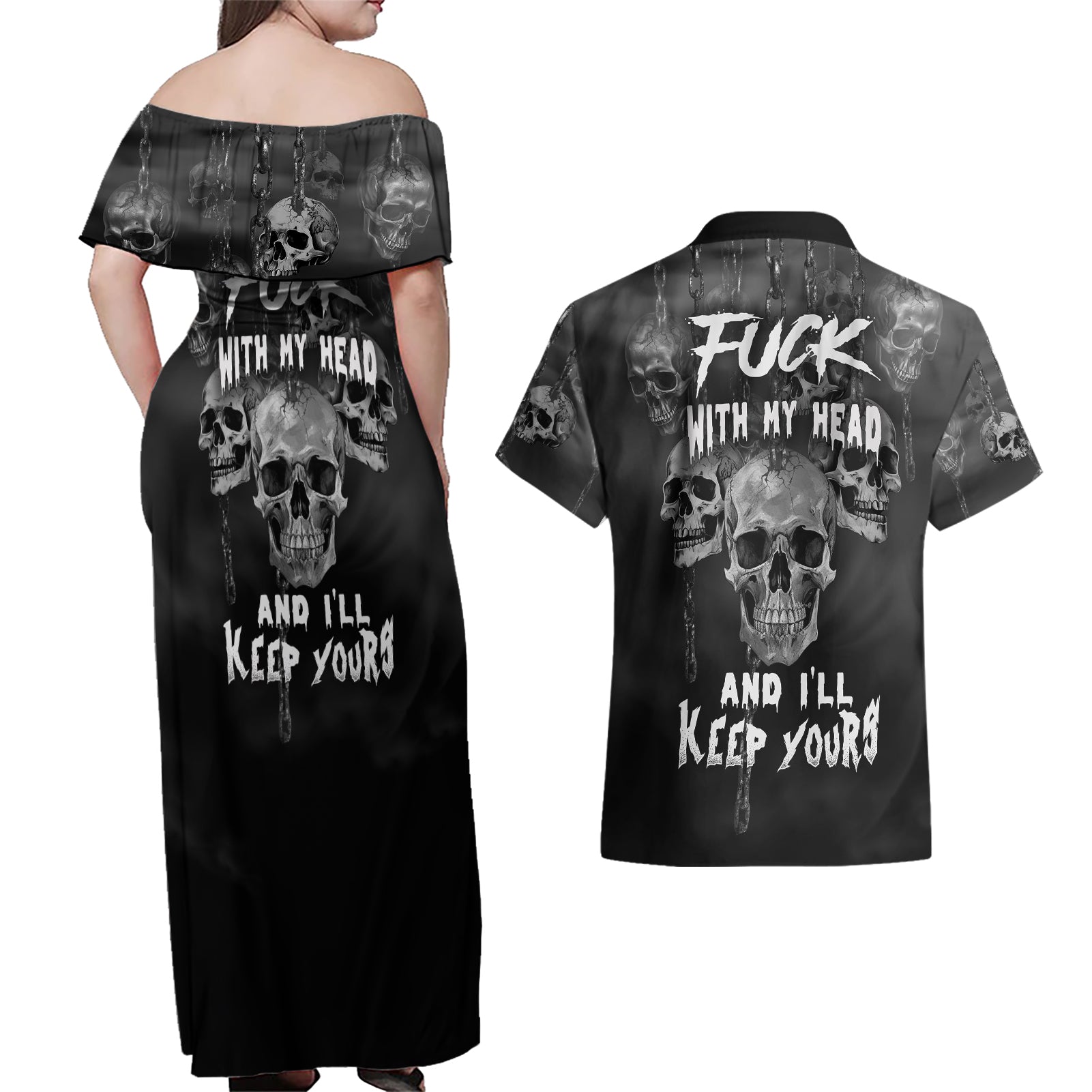 Skull Couples Matching Off Shoulder Maxi Dress and Hawaiian Shirt I'll Keep You - Wonder Print Shop