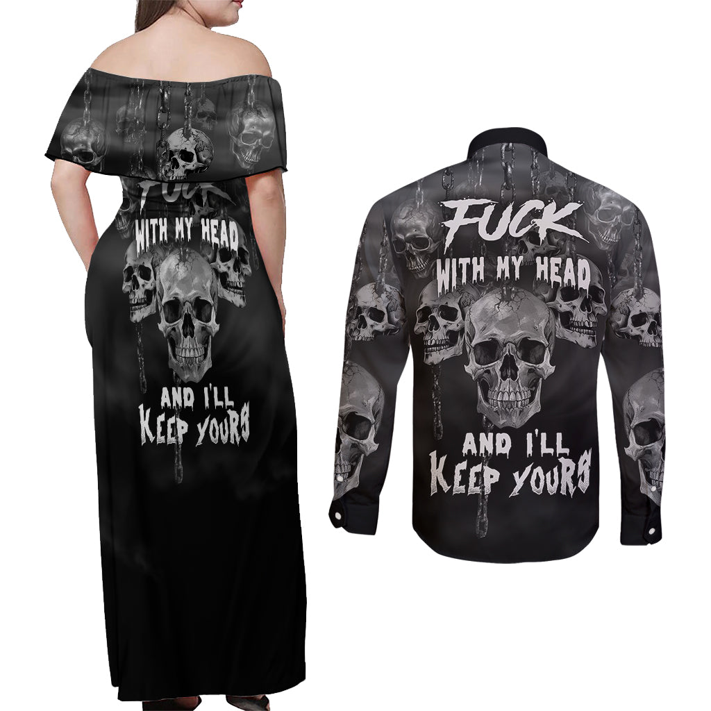 Skull Couples Matching Off Shoulder Maxi Dress and Long Sleeve Button Shirts I'll Keep You - Wonder Print Shop