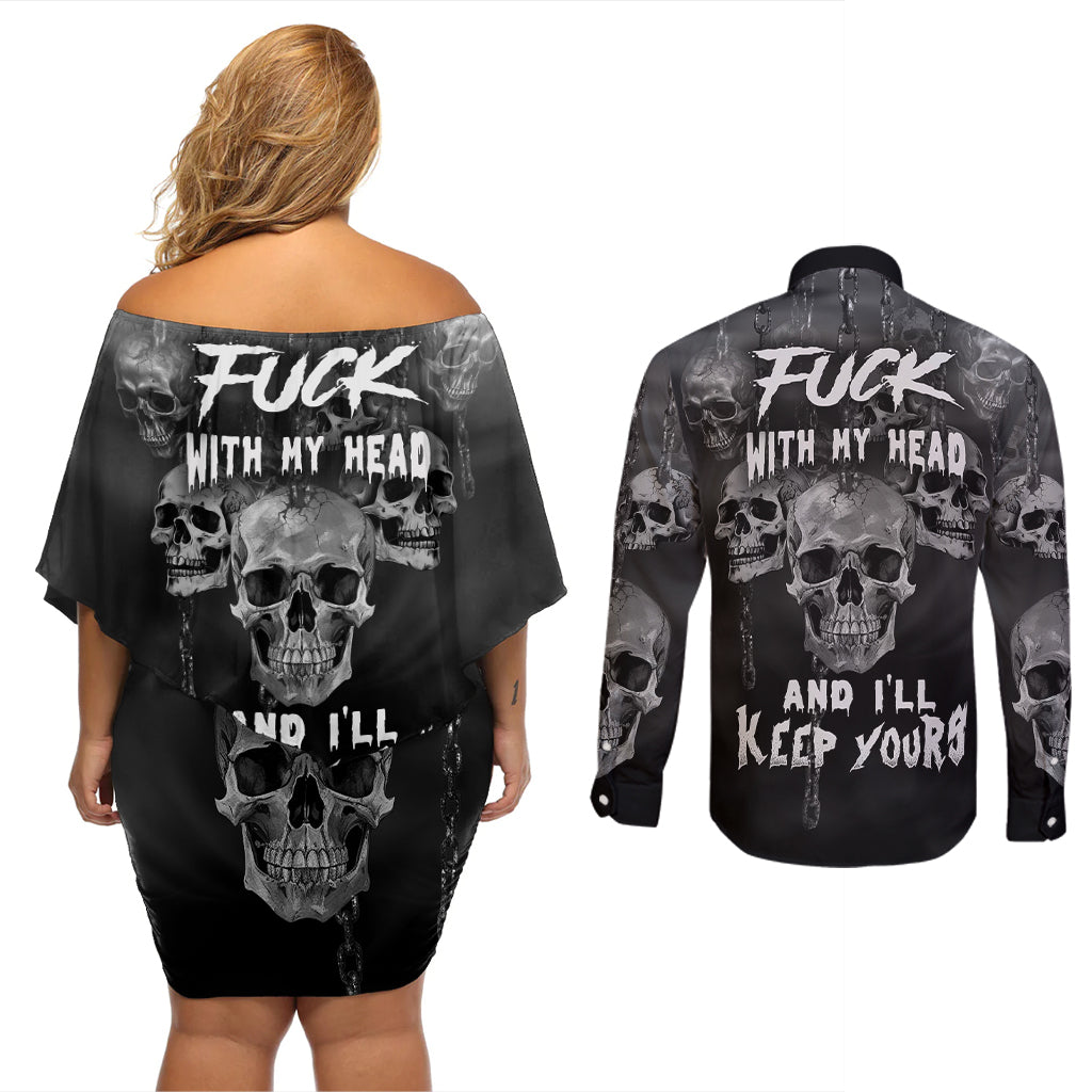 Skull Couples Matching Off Shoulder Short Dress and Long Sleeve Button Shirts I'll Keep You - Wonder Print Shop