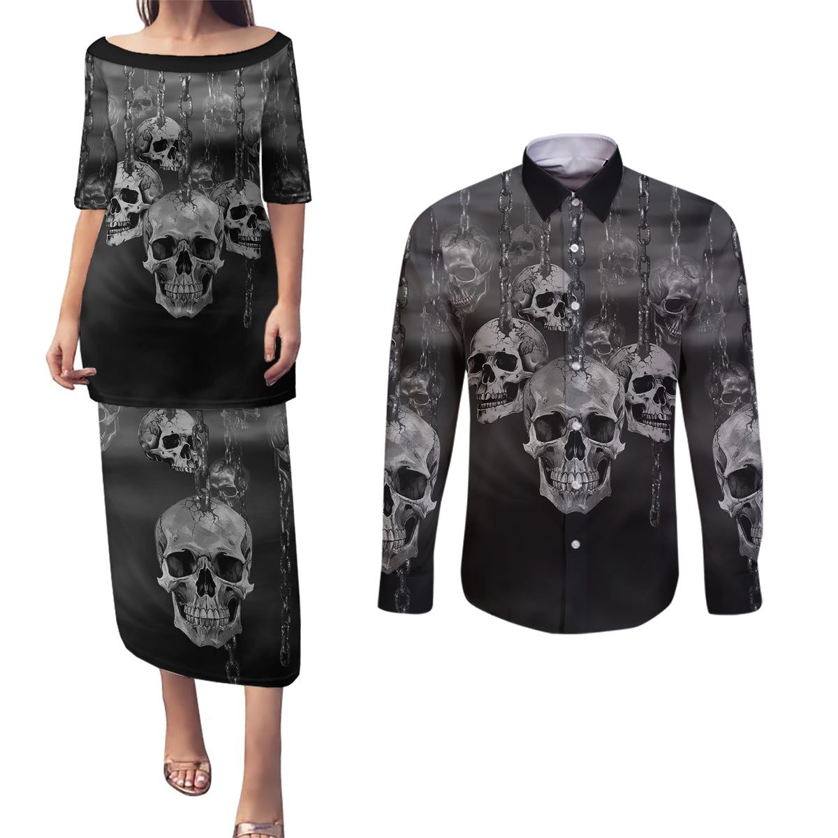 Skull Couples Matching Puletasi Dress and Long Sleeve Button Shirts I'll Keep You - Wonder Print Shop