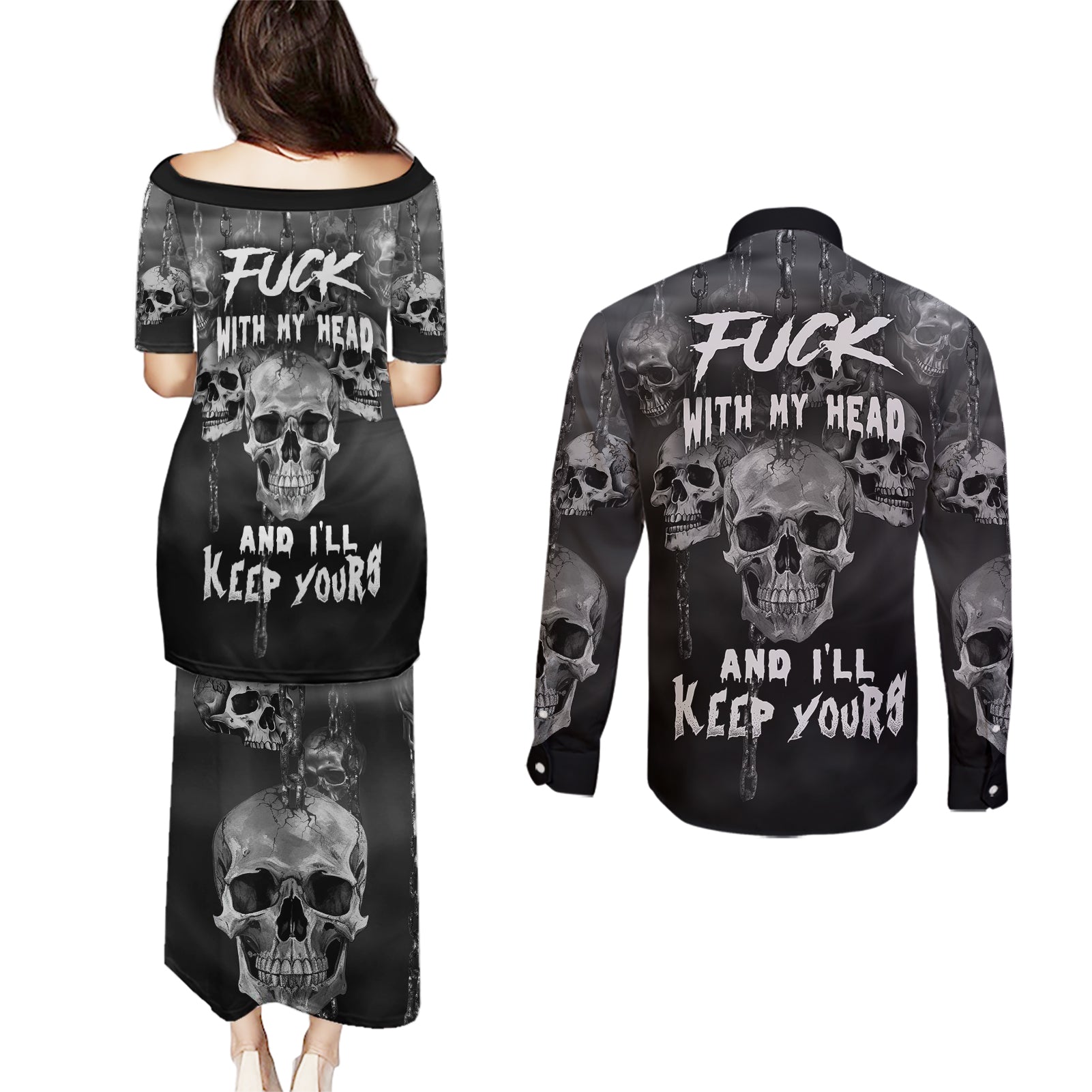 Skull Couples Matching Puletasi Dress and Long Sleeve Button Shirts I'll Keep You - Wonder Print Shop