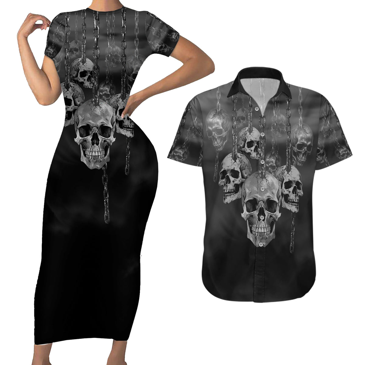 Skull Couples Matching Short Sleeve Bodycon Dress and Hawaiian Shirt I'll Keep You - Wonder Print Shop