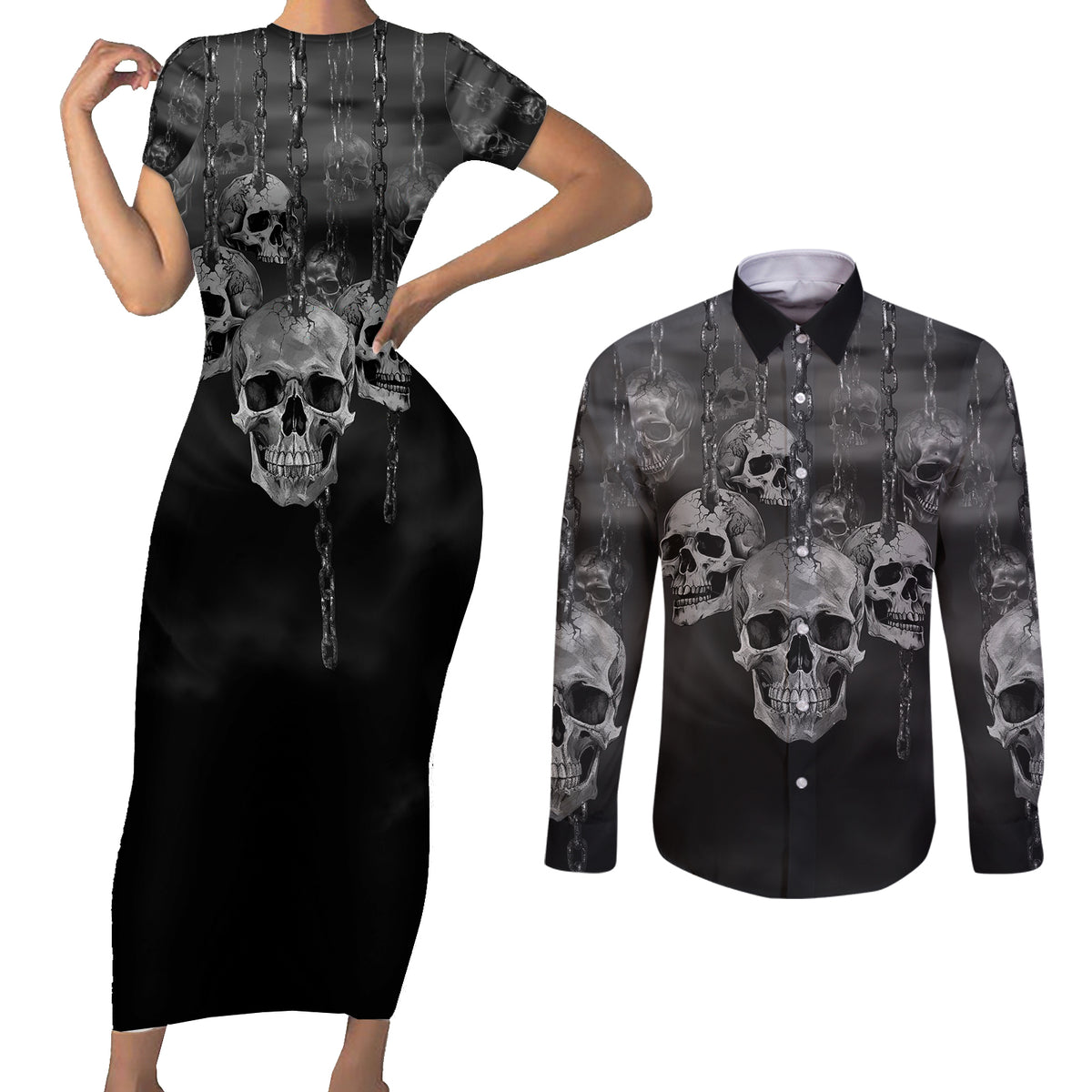 Skull Couples Matching Short Sleeve Bodycon Dress and Long Sleeve Button Shirts I'll Keep You - Wonder Print Shop