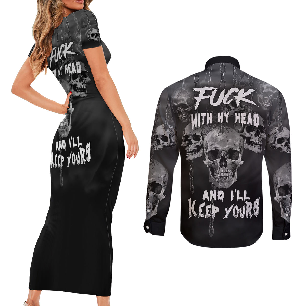 Skull Couples Matching Short Sleeve Bodycon Dress and Long Sleeve Button Shirts I'll Keep You - Wonder Print Shop