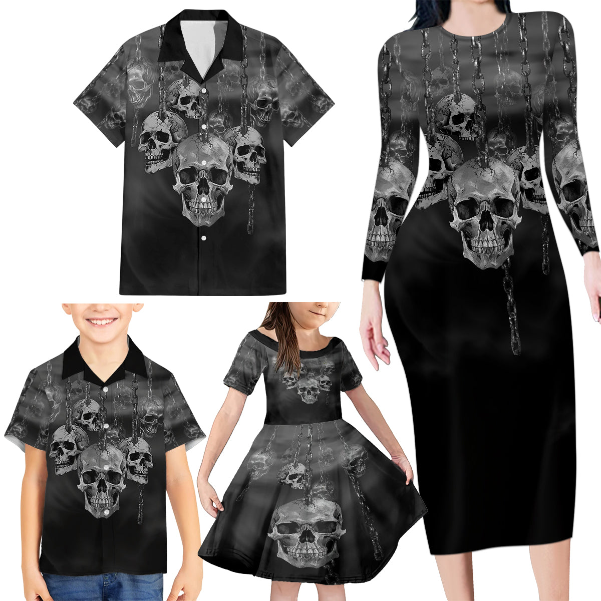 Skull Family Matching Long Sleeve Bodycon Dress and Hawaiian Shirt I'll Keep You - Wonder Print Shop