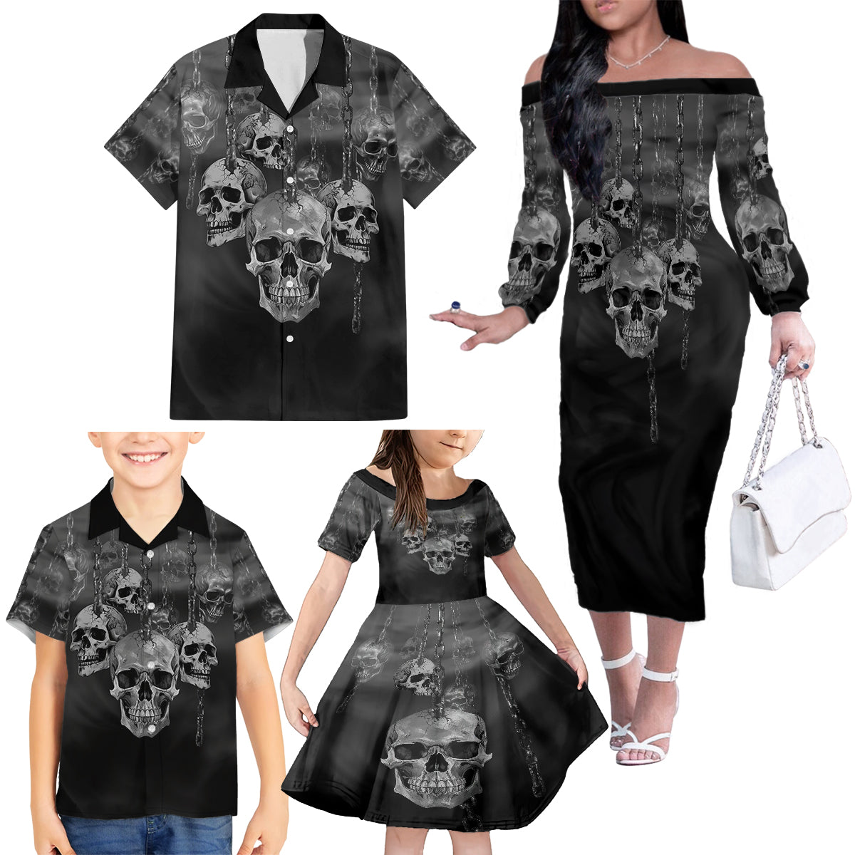 Skull Family Matching Off Shoulder Long Sleeve Dress and Hawaiian Shirt I'll Keep You - Wonder Print Shop