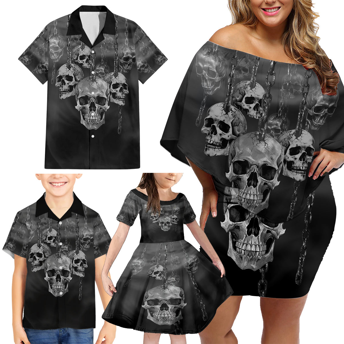 Skull Family Matching Off Shoulder Short Dress and Hawaiian Shirt I'll Keep You - Wonder Print Shop