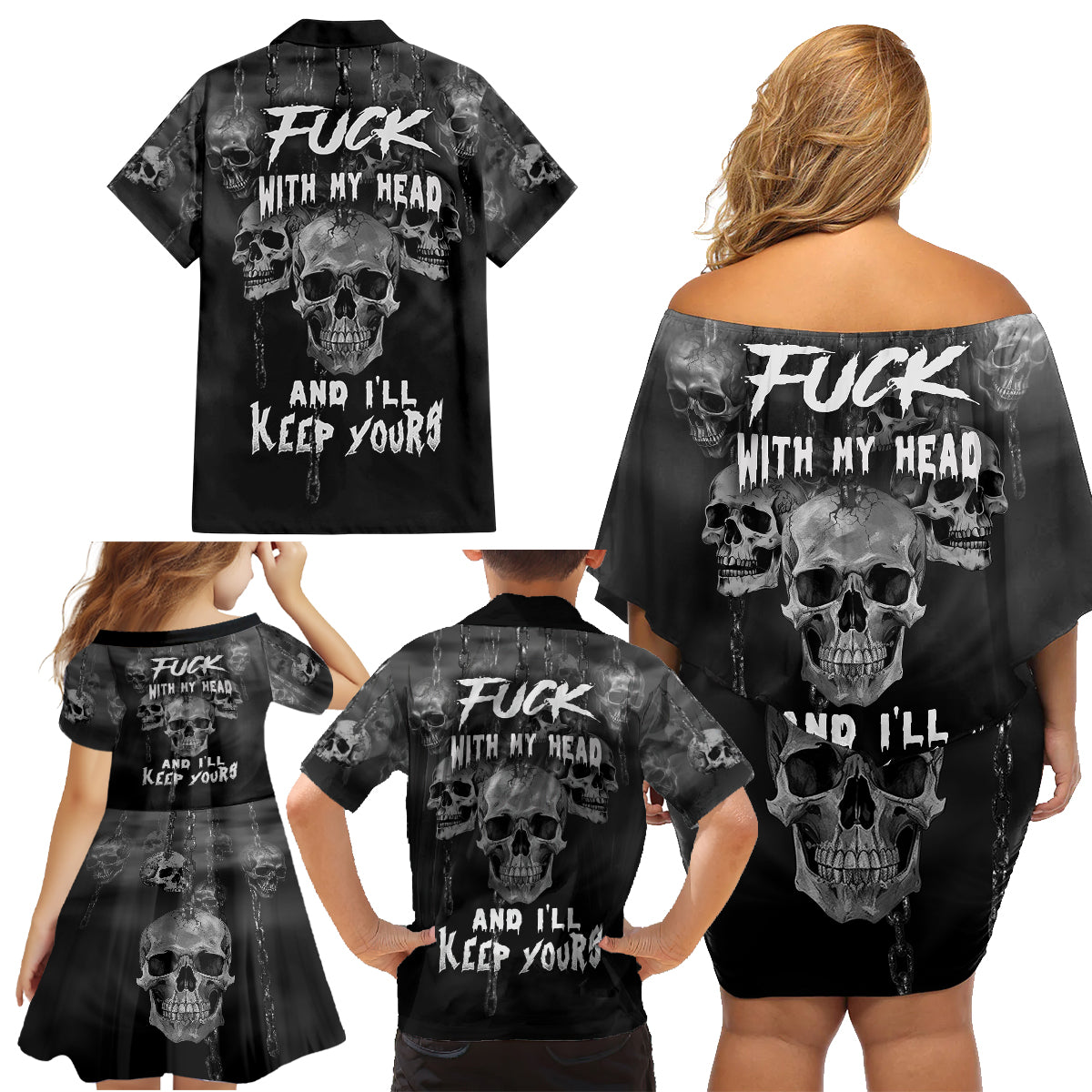 Skull Family Matching Off Shoulder Short Dress and Hawaiian Shirt I'll Keep You - Wonder Print Shop