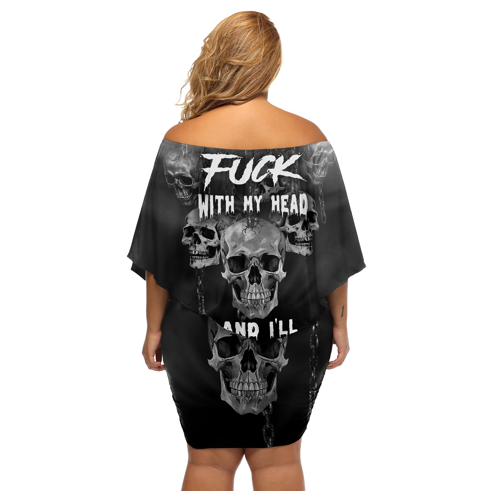 Skull Off Shoulder Short Dress I'll Keep You - Wonder Print Shop