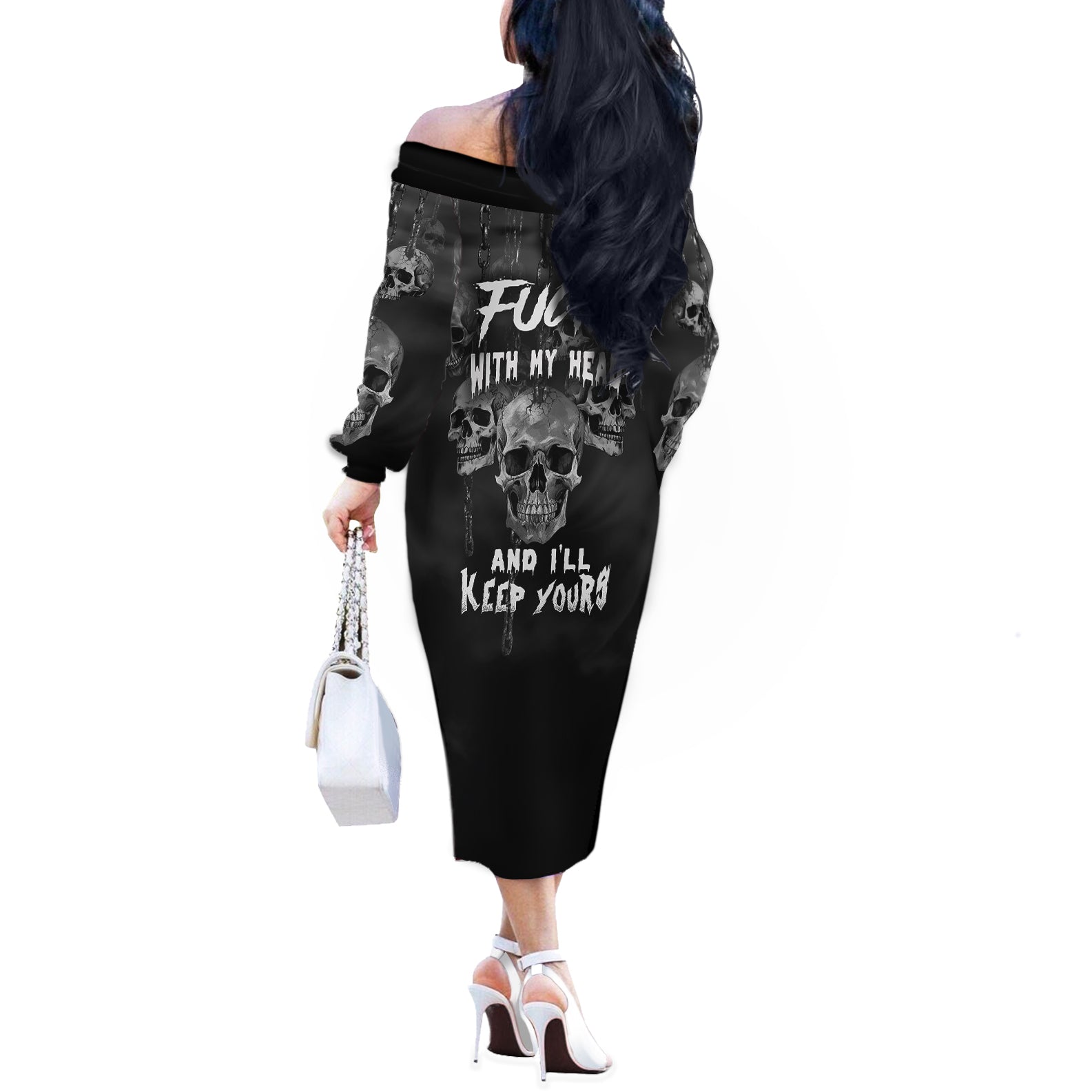 Skull Off The Shoulder Long Sleeve Dress I'll Keep You - Wonder Print Shop