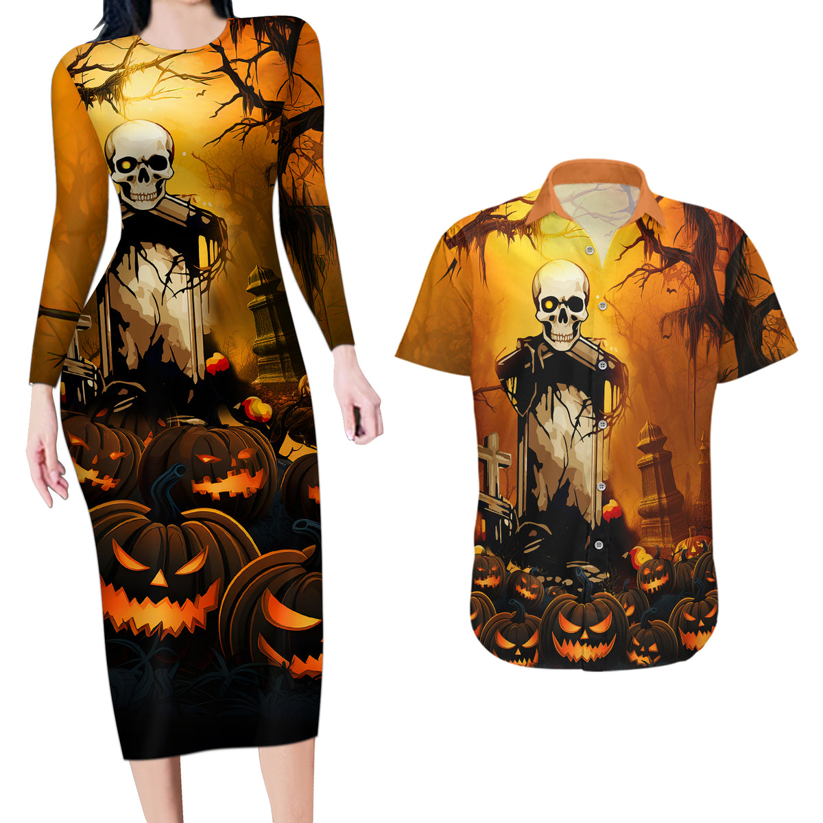 Happy Halloween Party Couples Matching Long Sleeve Bodycon Dress and Hawaiian Shirt - Wonder Print Shop