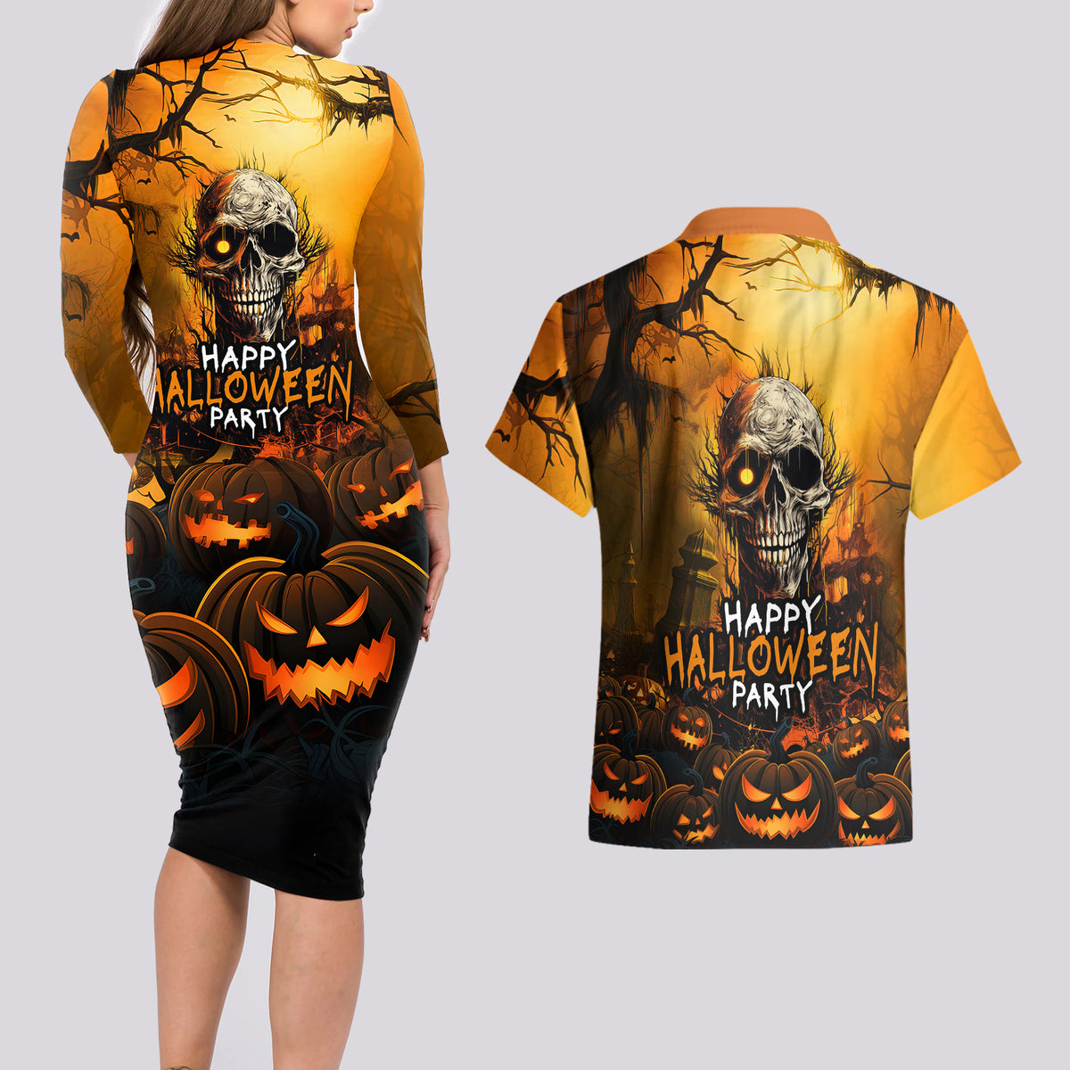 Happy Halloween Party Couples Matching Long Sleeve Bodycon Dress and Hawaiian Shirt - Wonder Print Shop