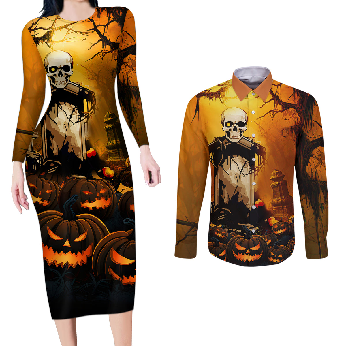 Happy Halloween Party Couples Matching Long Sleeve Bodycon Dress and Long Sleeve Button Shirts - Wonder Print Shop
