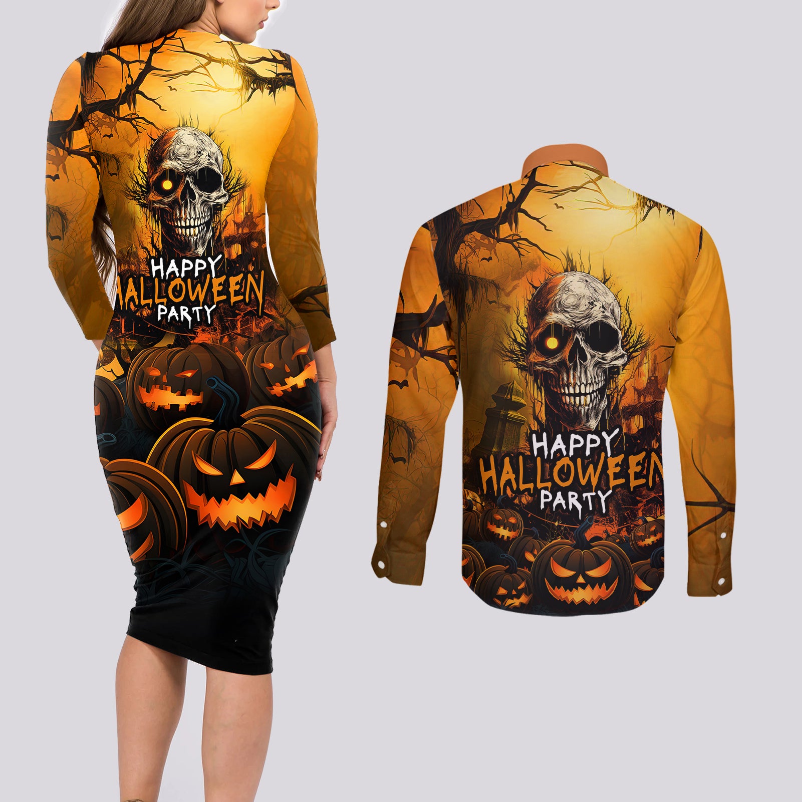 Happy Halloween Party Couples Matching Long Sleeve Bodycon Dress and Long Sleeve Button Shirts - Wonder Print Shop